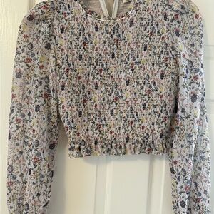 Aritzia Smocked Floral Long-Sleeve Crop Top - White Multi